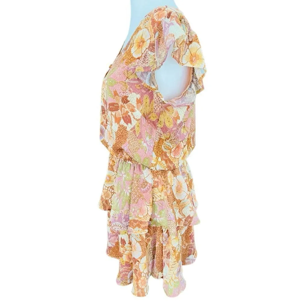 Olivaceous orange floral v neck blouson style  elastic waist ruffled dress , M.